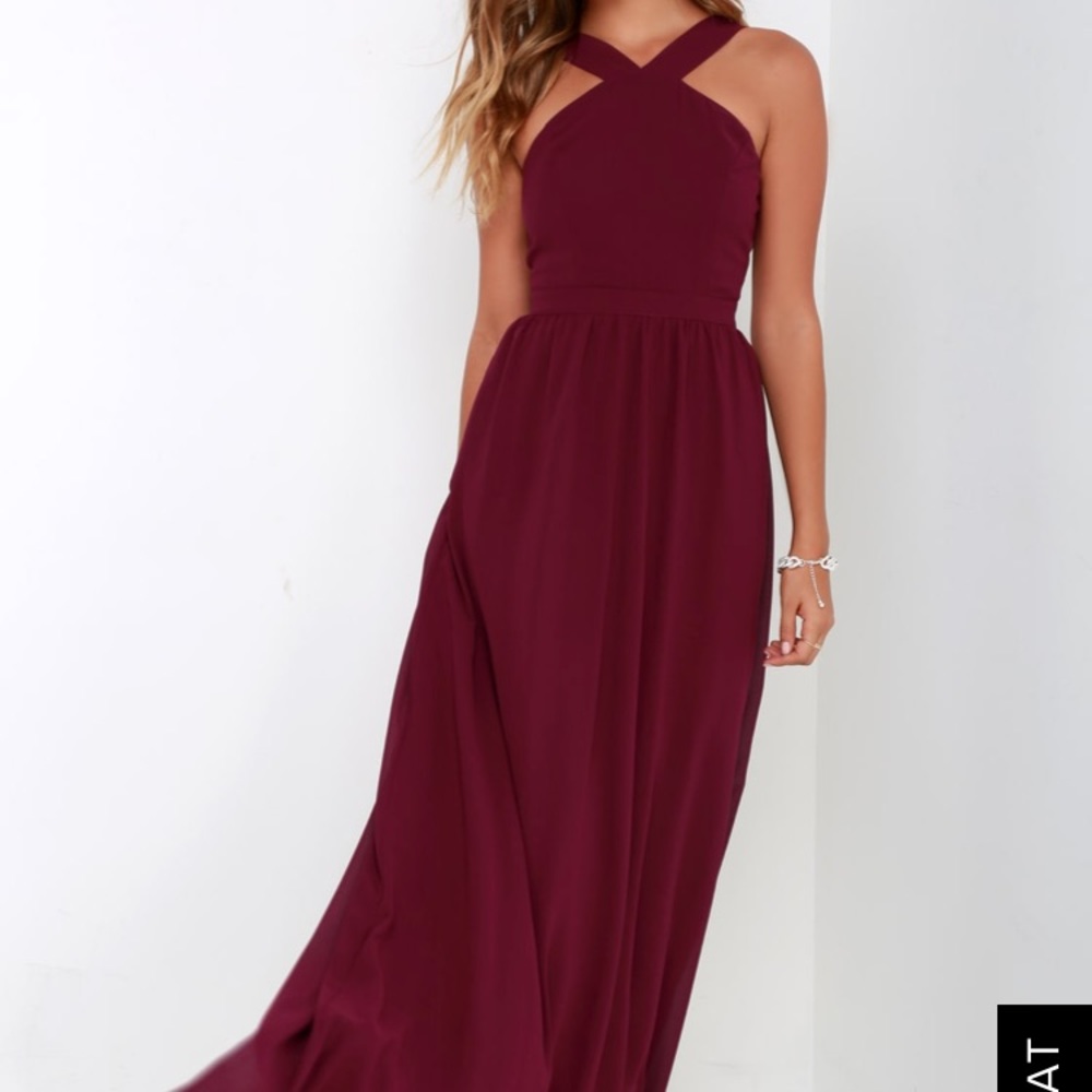 LULUS BRIDESMAID — BURGUNDY MAXI HALTER DRESS